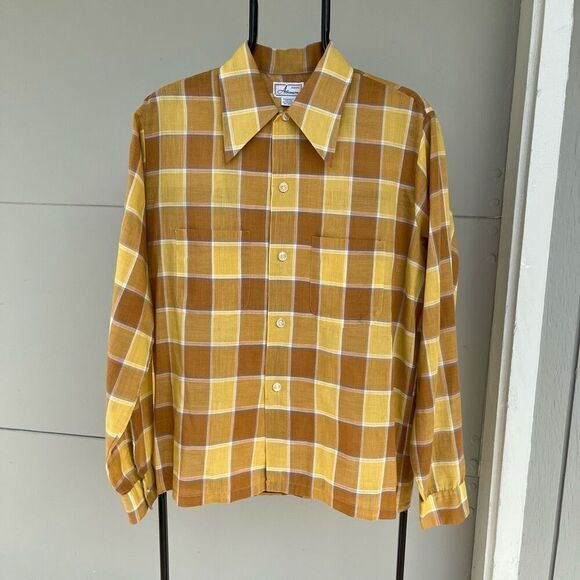 Vintage Atkinson Plaid Button-Down Shirt, 70s/80s, Yellow/Brown, Size 15-15.5 - Picture 1 of 8